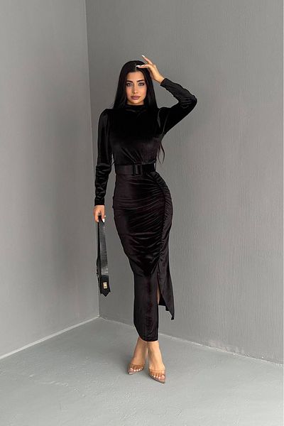 Neşeli Butik Rochie lungă din catifea - Kklf80 cu centură și detaliu cu fante