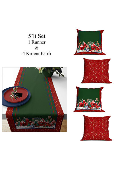 Tataroğlu Dijital Kumaş Yılbaşı Koleksiyonu-5li Set 1 Runner Ve 4 Kırlent Puantiyeli Desen Yeşil Düz Zemin Ev Motifli