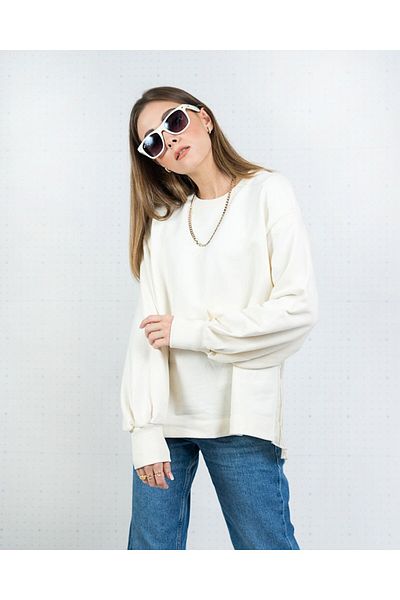 soBasic Hanorac cu mânecă lungă cu mânecă lungă, cu gât crew ecru, pliat-M - Ecru