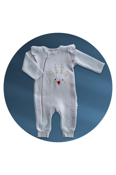 Bebitof Çaren Kids Deer Embroidered Pompom Detailed Hidden Zipper Cotton Quilted Baby Jumpsuit