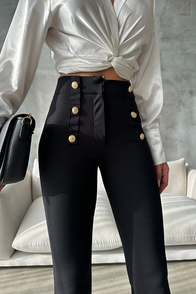 FEMELLE Pantaloni negri cu talie înaltă pentru femei, din țesătură creponată din lycra, cu nasturi, metalice, aurii
