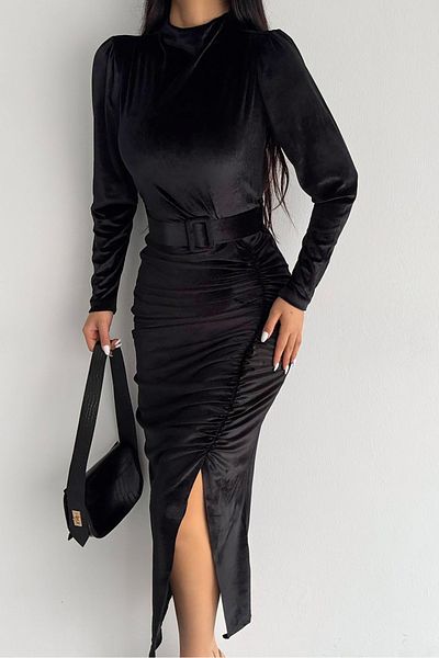 Neşeli Butik Rochie lungă din catifea - Kklf80 cu centură și detaliu cu fante