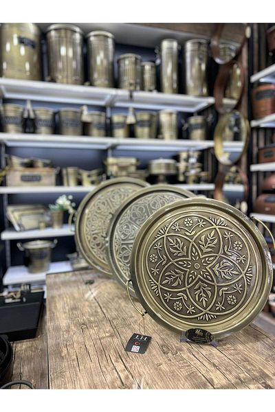 LUCKYHOMES Special Production Gold Plated 3-Piece Patterned Round Tray Set 39X41 44X47 48X51