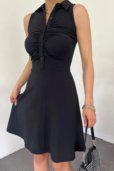 WOMAN VISION Rochie neagră fără mâneci pentru femei, cu guler de cămașă, design otoman, țesătură elastică 5060