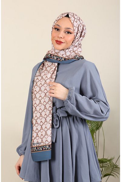 hijabchi Seria de apă cu șal de mătase Medina cu model importat - colecții noi |   Albastru petrol