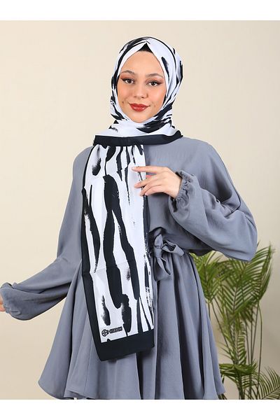 hijabchi Imported Patterned Medina Silk Shawl Zebra Series - New Collections |   White - Black