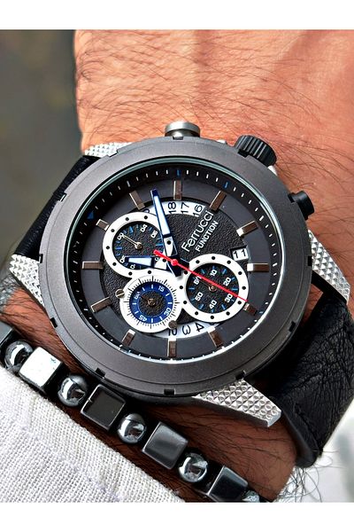 Ferrucci Black Color Leather Strap Functions Active Men's Wristwatch + BRACELET WITH GIFT