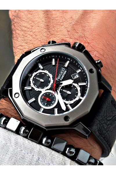 Ferrucci Stylish Design Men's Wristwatch with Black Leather Strap Function + BRACELET WITH GIFT