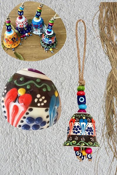 Art inside Black Ceramic Christmas Bell Tile Patterned Evil Eye Bead and Wooden Bead Detailed Pine Tree Ornament