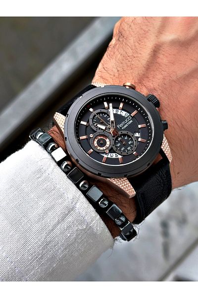 Ferrucci Black Color Leather Strap Functions Active Men's Wristwatch + BRACELET WITH GIFT