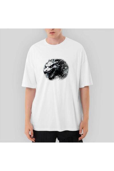 Z zepplin Tricou alb supradimensionat cu desen în creion Dragon