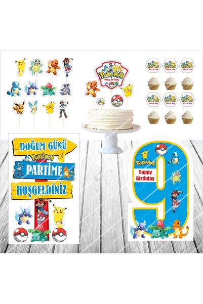 SİYAH PARTİ EVİ POKEMON Doğum Günü Masa Panosu / Pasta Süsü Seti 9 Yaş
