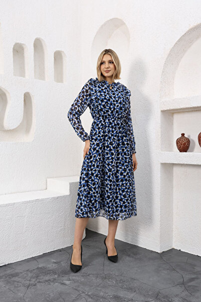 Neşeli Butik Жіноча сукня з підкладкою, еластичним поясом і візерунком з шифону RSSN47