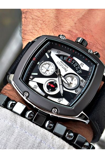 Ferrucci Black Color Leather Strap Square Functions Active Men's Wristwatch + BRACELET WITH GIFT