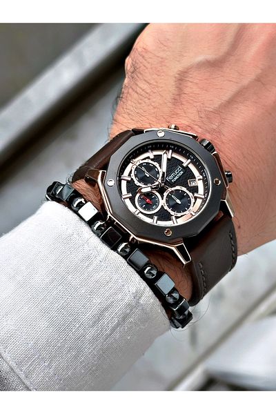 Ferrucci Stylish Design Men's Wristwatch with Brown Leather Band Function + BRACELET WITH GIFT