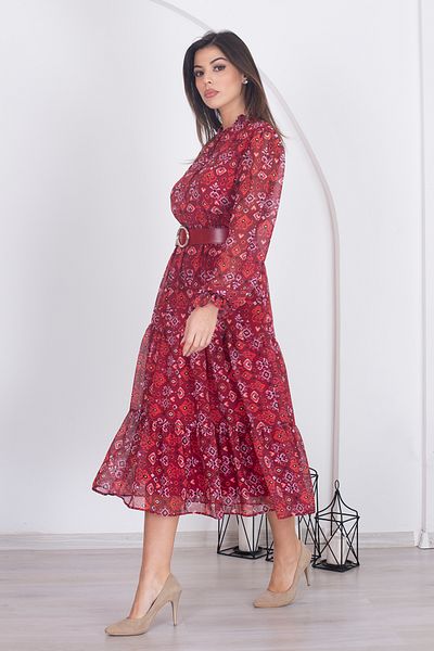 Neşeli Butik women's lining ethnic print chiffon dress RSNB002 - Burgundy