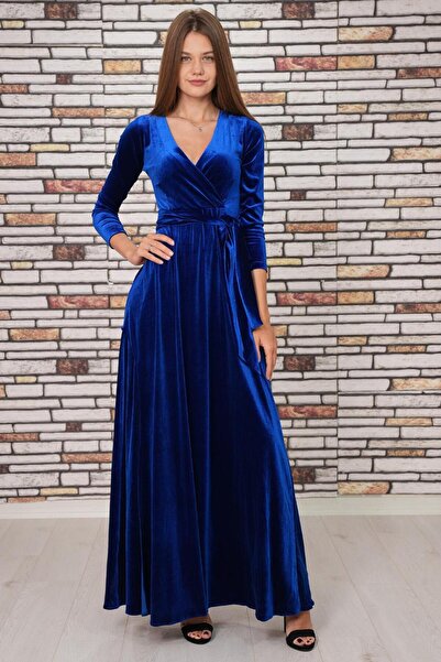 Styling Park Kuşaklı Uzun Maxi Boy Uzun Kol Kadife Elbise Davet Balo Düğün