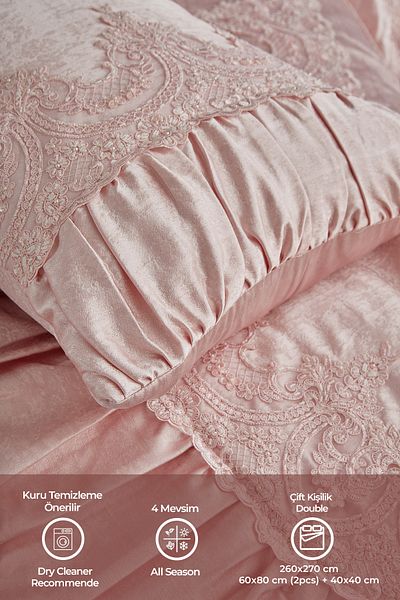 Evlen Home Collection French Lace Velvet Fiber Filled Double Bedspread Dilara Pudra (4 PIECES)
