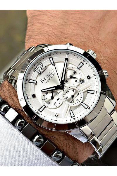 Ferrucci Silver Color Functions Active Steel Strap Men's Wristwatch + BRACELET WITH GIFT