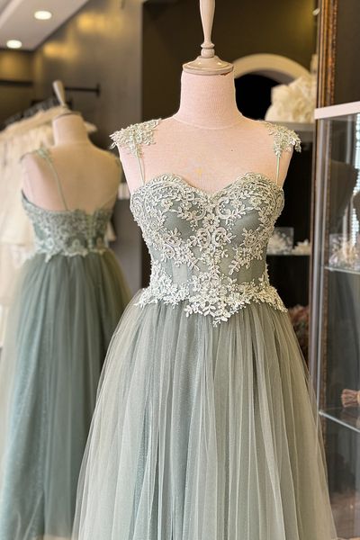 Lenta Moda Water Green Embroidered Lace Covered Evening Dress