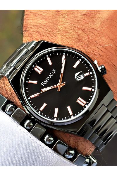 Ferrucci Black Color Classic Calendar Steel Model Men's Wristwatch + BRACELET WITH GIFT