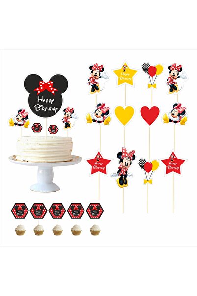 SİYAH PARTİ EVİ Minnie Mouse Doğum Günü Pasta Süsü Seti KIRMIZI