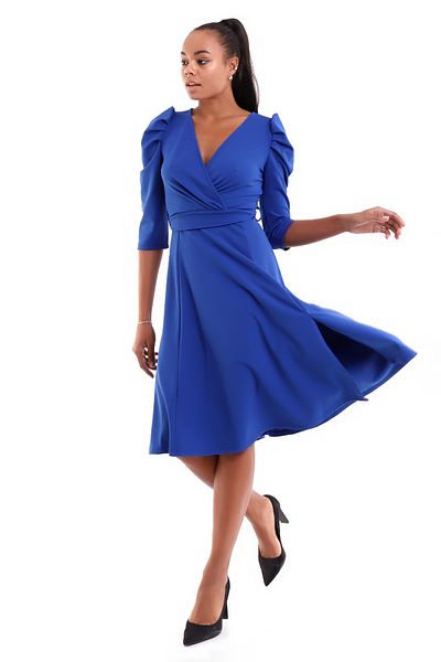 WOMAN VISION Rochie de damă cu mânecă scurtă, guler dublu, din stofă creponată, detaliată, rochie albastră evazată 073