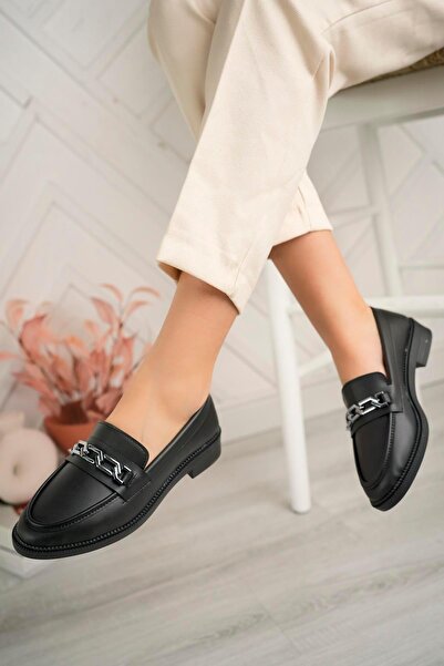 Aymood Kadın Siyah Cilt Tokalı Kalın Taban Pu Deri Günlük Klasik Topuklu Loafer Makosen Ayakkabı