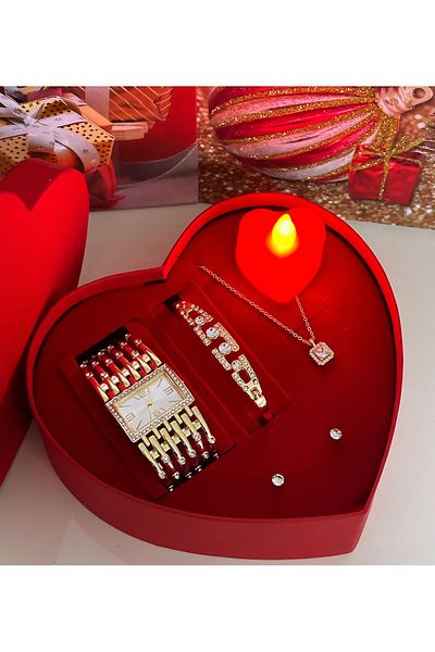Has Heart Set Box with Goal Rib Watch Bracelet Necklace and Earrings Gift