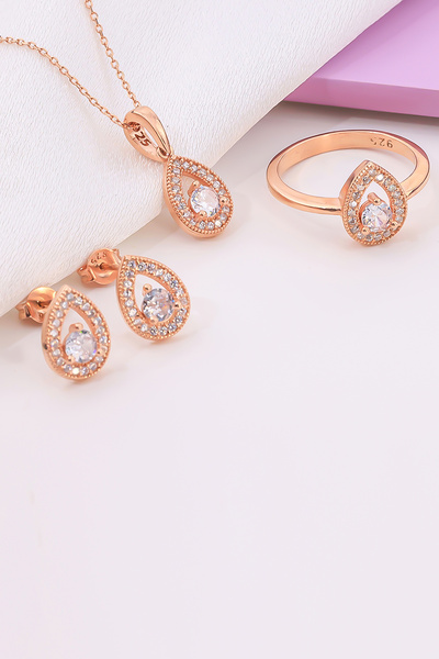 Miavi Silver 925 Ayar Gümüş Rose Damla Kolye Küpe Yüzük Takı Seti