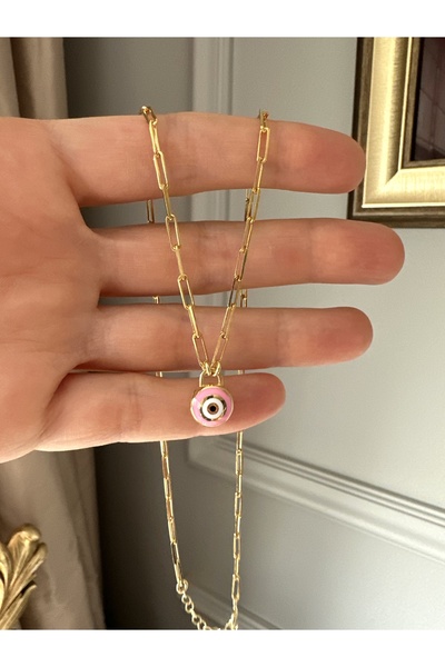 emy by emel luxury silver jewelry Altın Kaplama Ataç Zincirli Pembe Nazar Bon...