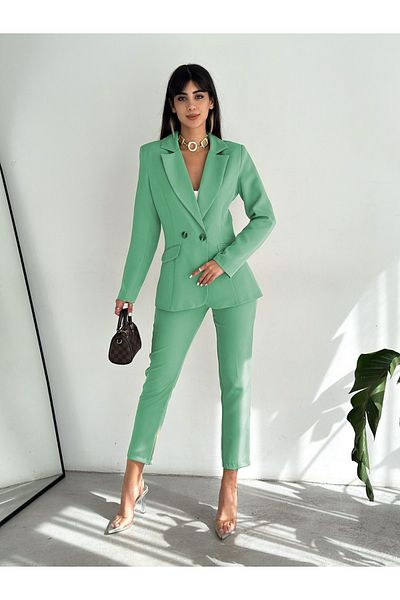 diaves Mint Green Double Breasted Blazer Jacket Carrot Pants Suit