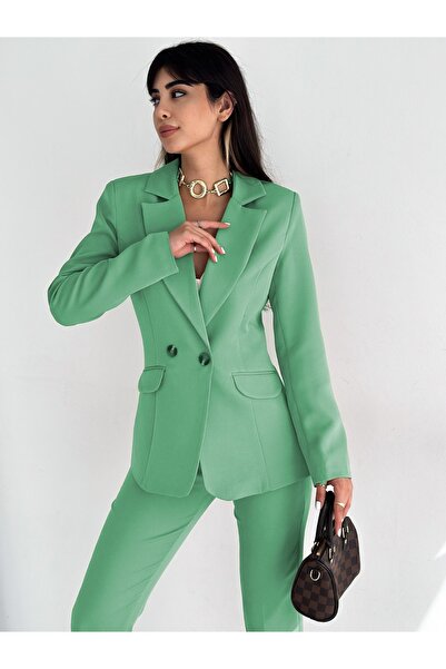 diaves Mint Green Double Breasted Blazer Jacket Carrot Pants Suit