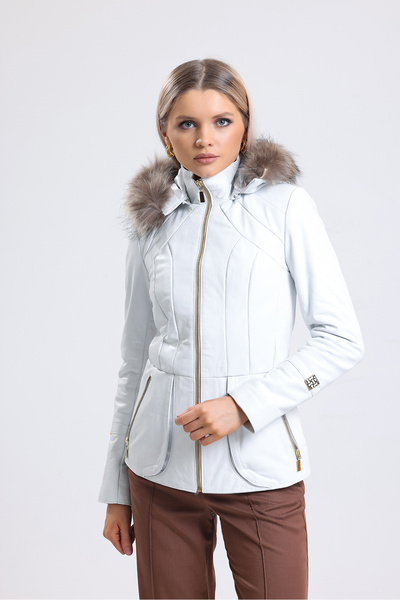 LİDYA DERİ Gloria Kapşon Kürklü Beyaz Deri Kaban