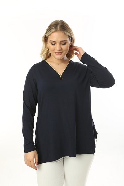 MJORA Navy Blue Collar Zippered Wide Fit Viscose Blouse