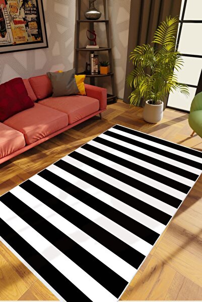 10 Post Online Salon Halısı Modern Çizgili Beyaz Siyah Kaydırmaz Kesme Yıkanabilir Ince Halı Tüysüz Kilim