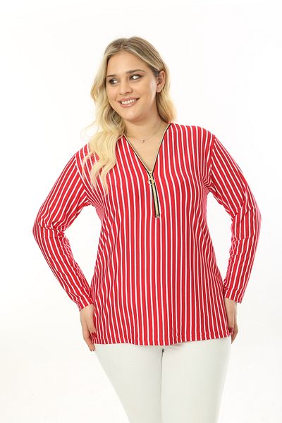 MJORA Red Striped Collar Zipper Plus Size Blouse