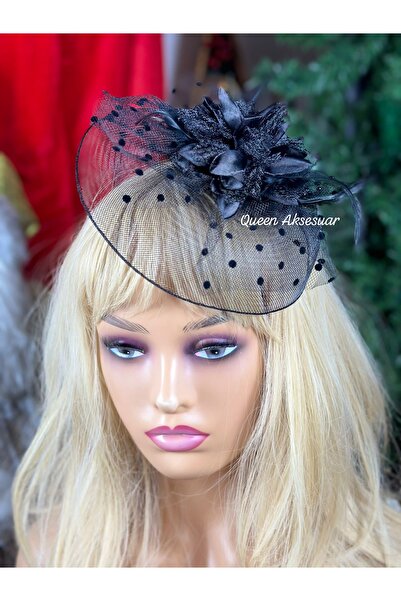 QUEEN AKSESUAR Vintage Custom Design Bridal Wedding Veil Floral Gauzy Hat Hair Accessory with Collet Cap Clasp Black
