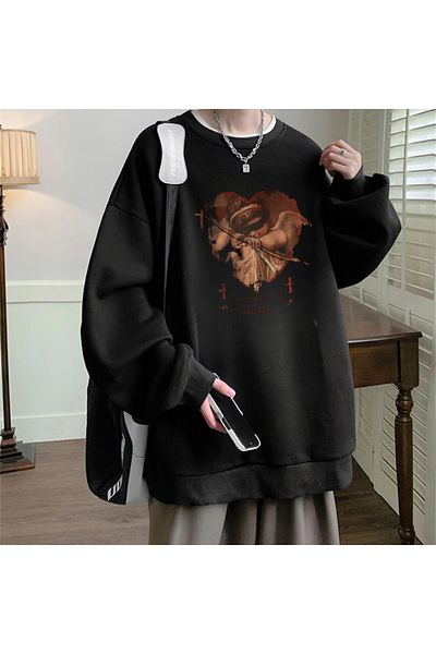 Touz Moda Love Angel εμπριμέ μαύρο φούτερ Unisex Oversize Crew Neck