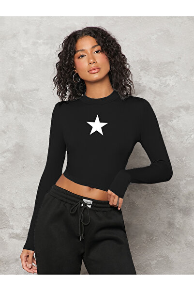 Bengi Clothing Μαύρη στάμπα - Μακρυμάνικη μπλούζα με ριμπ λαιμόκοψη