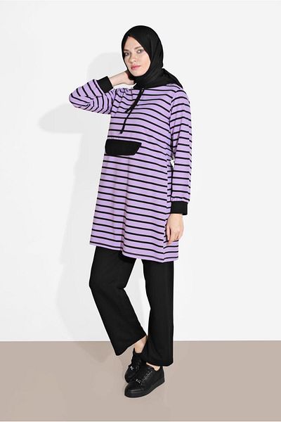 TRENDTESETTÜR Women's Purple (LILA) Striped Hooded Tracksuit 2426