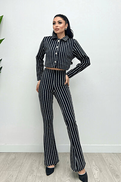 giyimmasalı Glittery Crepe Fabric Spanish Leg Trousers - BLACK