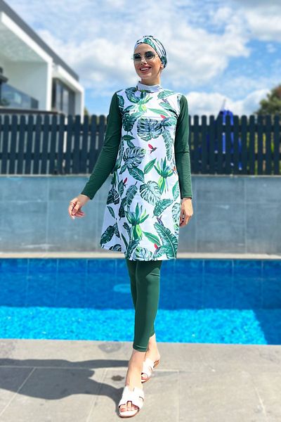 Remsa Mayo Design Fully Covered Hijab Swimsuit Remsa Swimsuit Green Leaves