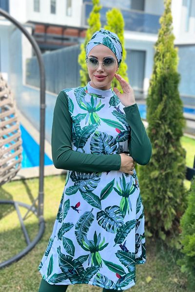 Remsa Mayo Design Fully Covered Hijab Swimsuit Remsa Swimsuit Green Leaves