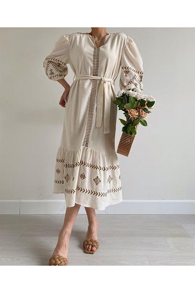 Laluvia Stone-Brown Embroidered Dress