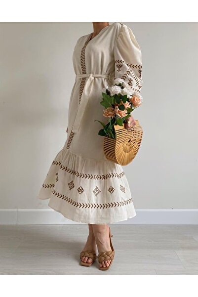 Laluvia Stone-Brown Embroidered Dress