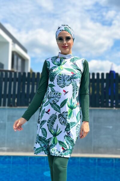 Remsa Mayo Tervezés teljesen fedett Hidzsáb fürdőruha Remsa fürdőruha zöld levelek