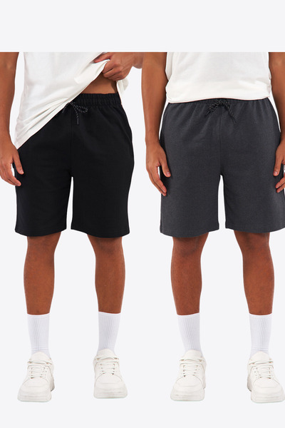 COMEOR Regular Fit Yanları Cepli Rahat Kesim Siyah-antrasit 2'li Erkek Şort