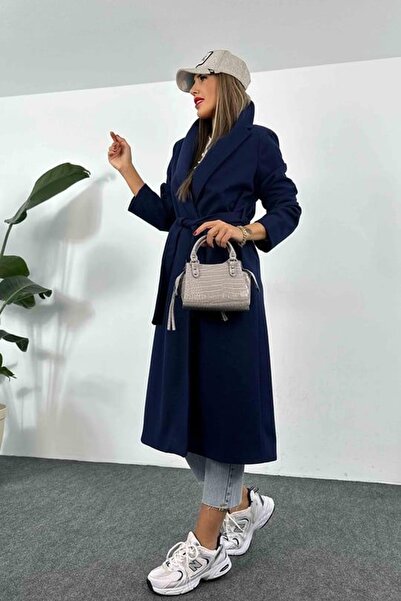 Laluvia Námořnicky modrý podšitý kabát s páskem a detailem kapsy