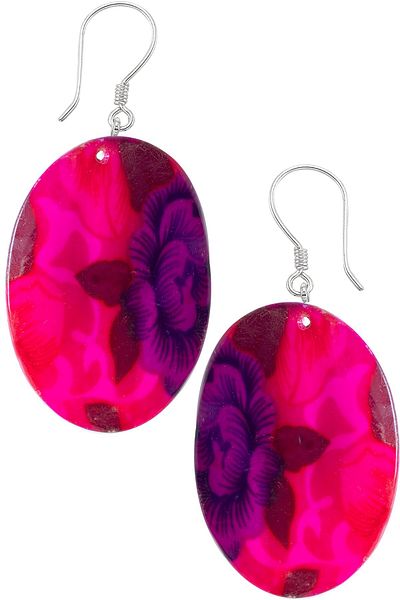 Tesbih Atölyesi Certified Flower Embroidered Pink-Purple Colored Mother-of-Pearl Stone Earrings